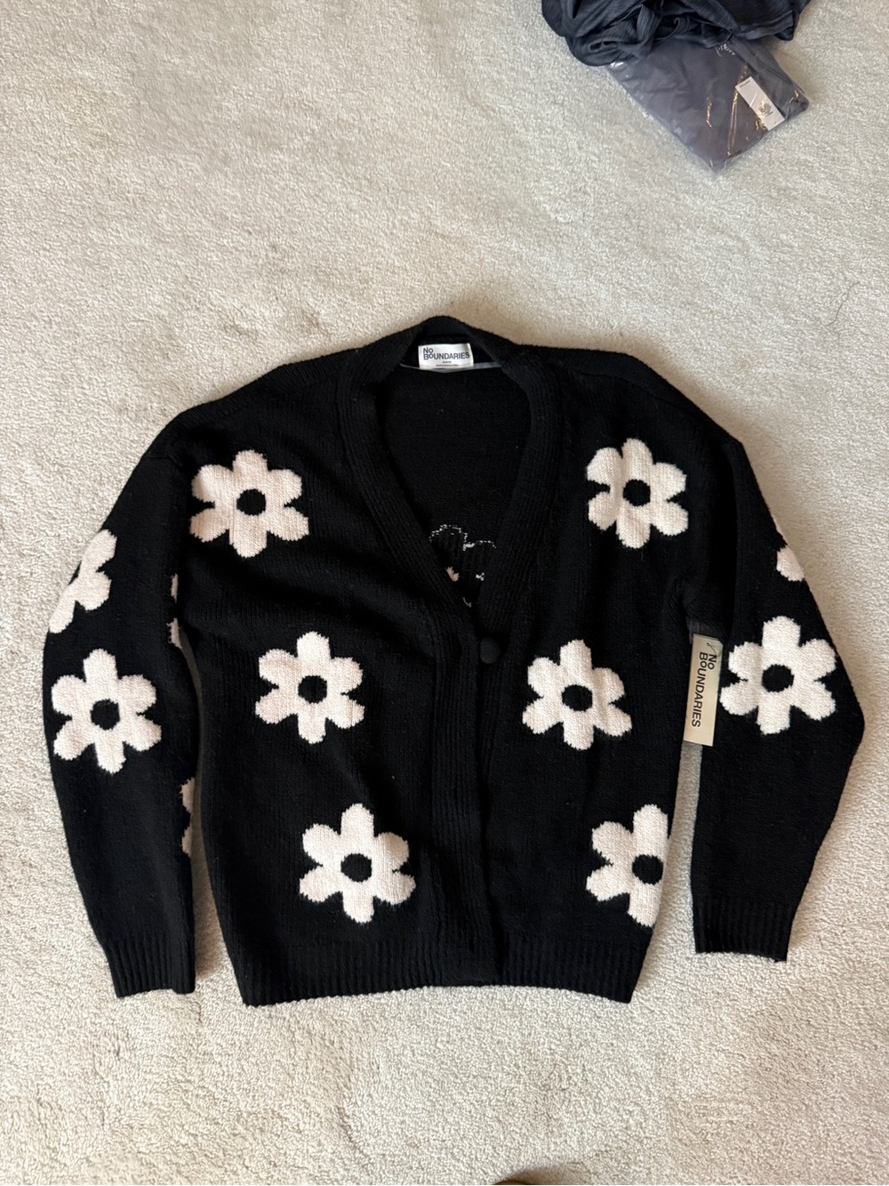 No Boundaries Black Cardigan Sweater with White Daisy Pattern